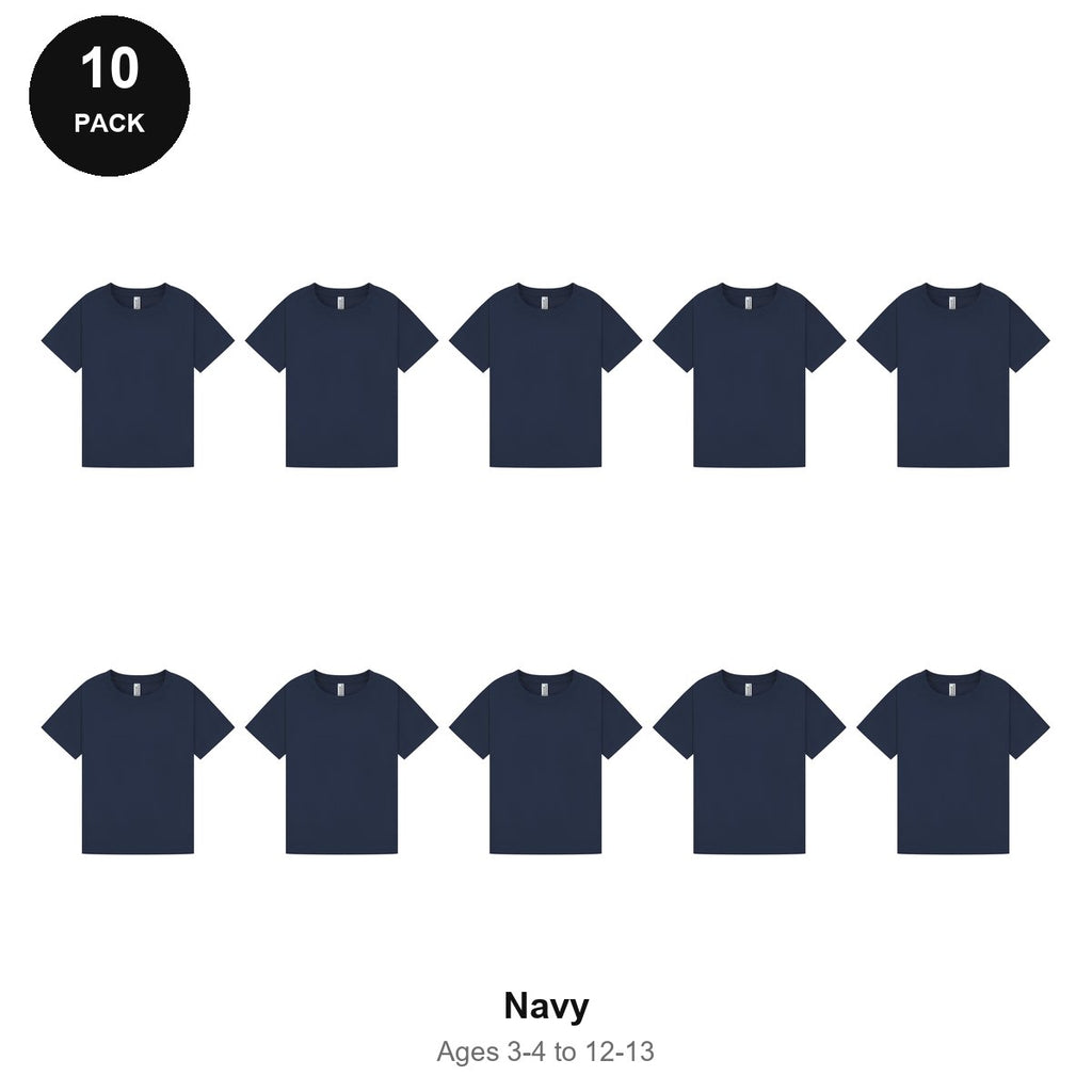 Kids Plain T-Shirts 10 Pack - 100% ringspun cotton 150gsm, Ages 3-13, School & PE - Navy