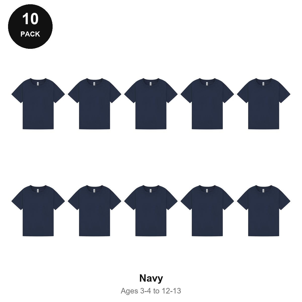 Kids Plain T-Shirts 10 Pack - 100% ringspun cotton 150gsm, Ages 3-13, School & PE - Navy