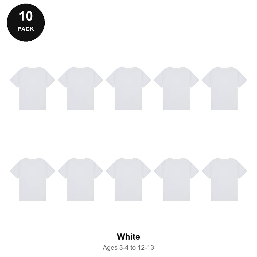 Kids Plain T-Shirts 10 Pack - 100% ringspun cotton 150gsm, Ages 3-13, School & PE - White