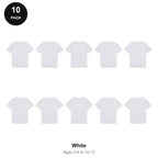 Kids Plain T-Shirts 10 Pack - 100% ringspun cotton 150gsm, Ages 3-13, School & PE - White