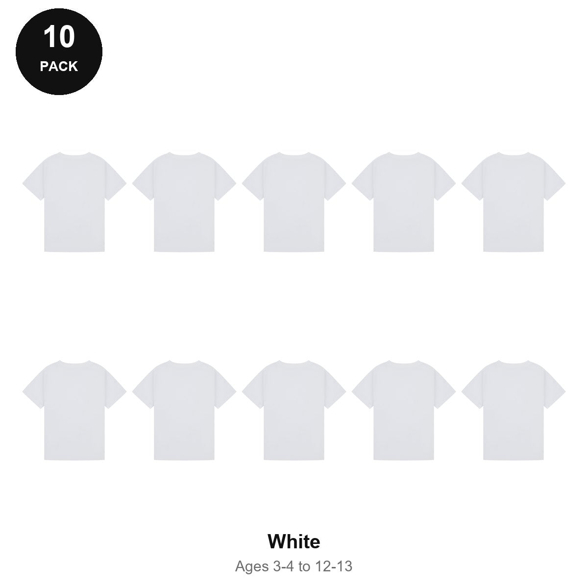 Kids Plain T-Shirts 10 Pack - 100% ringspun cotton 150gsm, Ages 3-13, School & PE - White