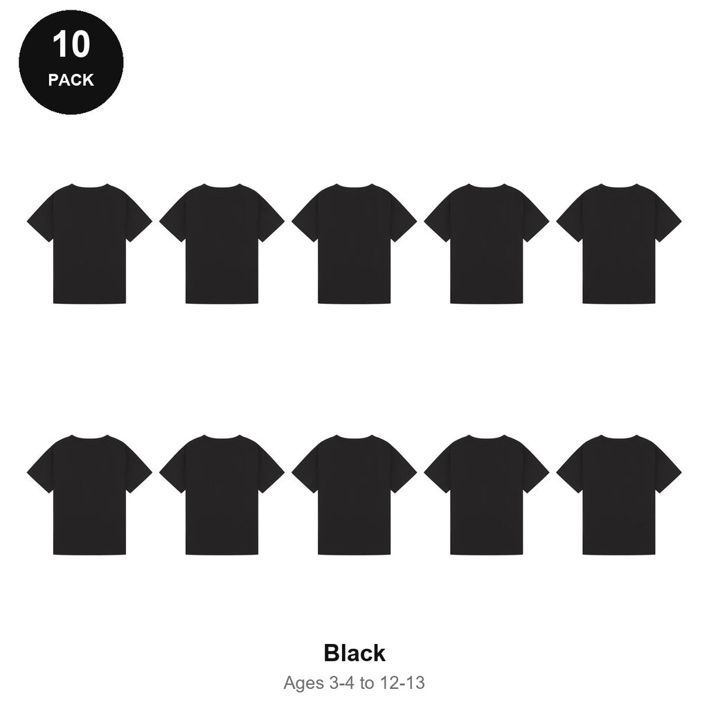 Kids Plain T-Shirts 10 Pack - 100% ringspun cotton 150gsm, Ages 3-13, School & PE - Black