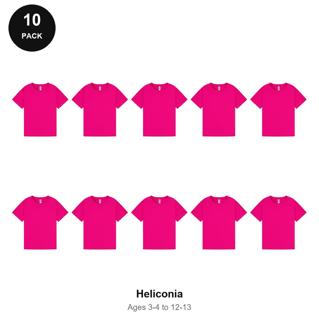 Kids Plain T-Shirts 10 Pack - 100% ringspun cotton 150gsm, Ages 3-13, School & PE - Heliconia