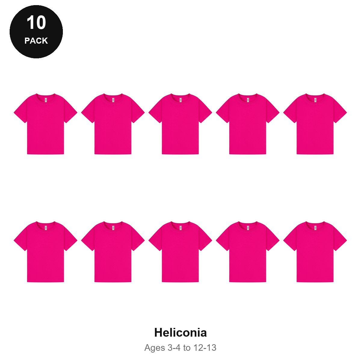 Kids Plain T-Shirts 10 Pack - 100% ringspun cotton 150gsm, Ages 3-13, School & PE - Heliconia