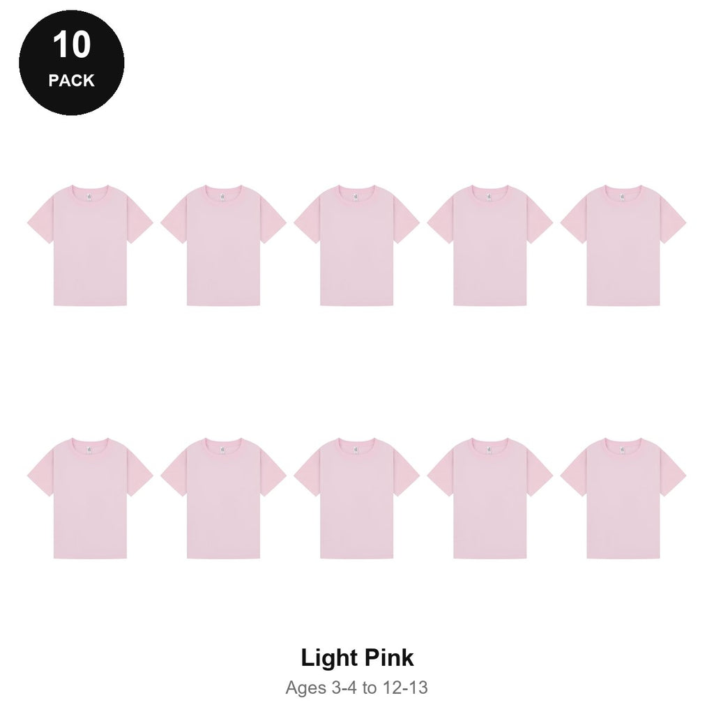 Kids Plain T-Shirts 10 Pack - 100% ringspun cotton 150gsm, Ages 3-13, School & PE - Light Pink