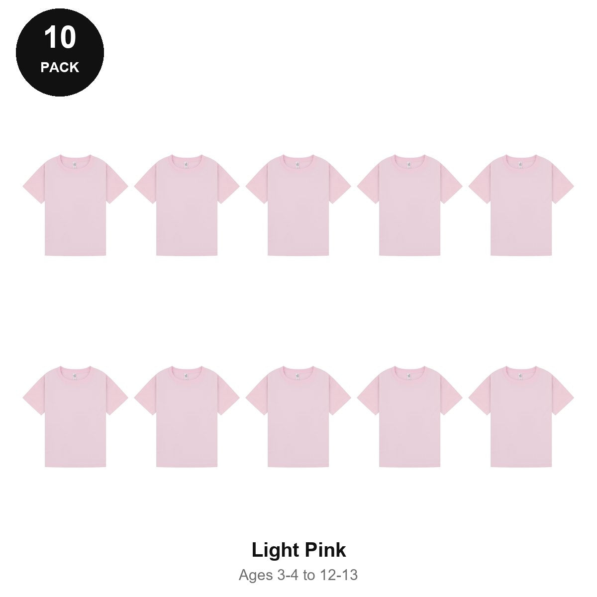 Kids Plain T-Shirts 10 Pack - 100% ringspun cotton 150gsm, Ages 3-13, School & PE - Light Pink