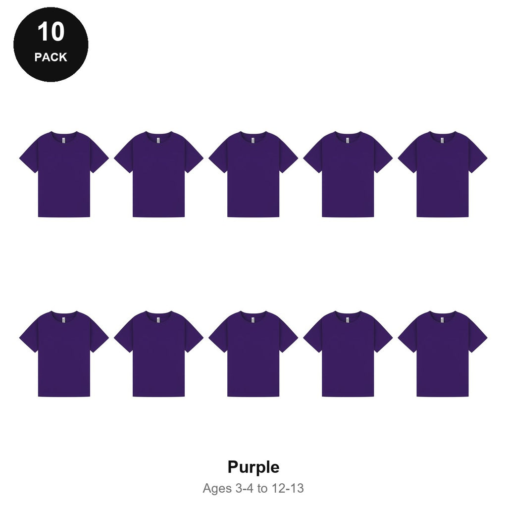 Kids Plain T-Shirts 10 Pack - 100% ringspun cotton 150gsm, Ages 3-13, School & PE - Purple