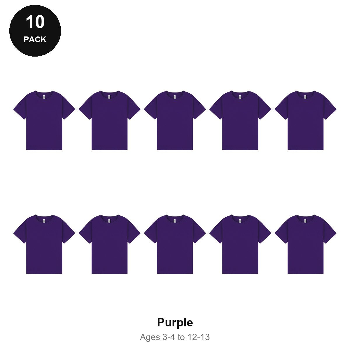 Kids Plain T-Shirts 10 Pack - 100% ringspun cotton 150gsm, Ages 3-13, School & PE - Purple