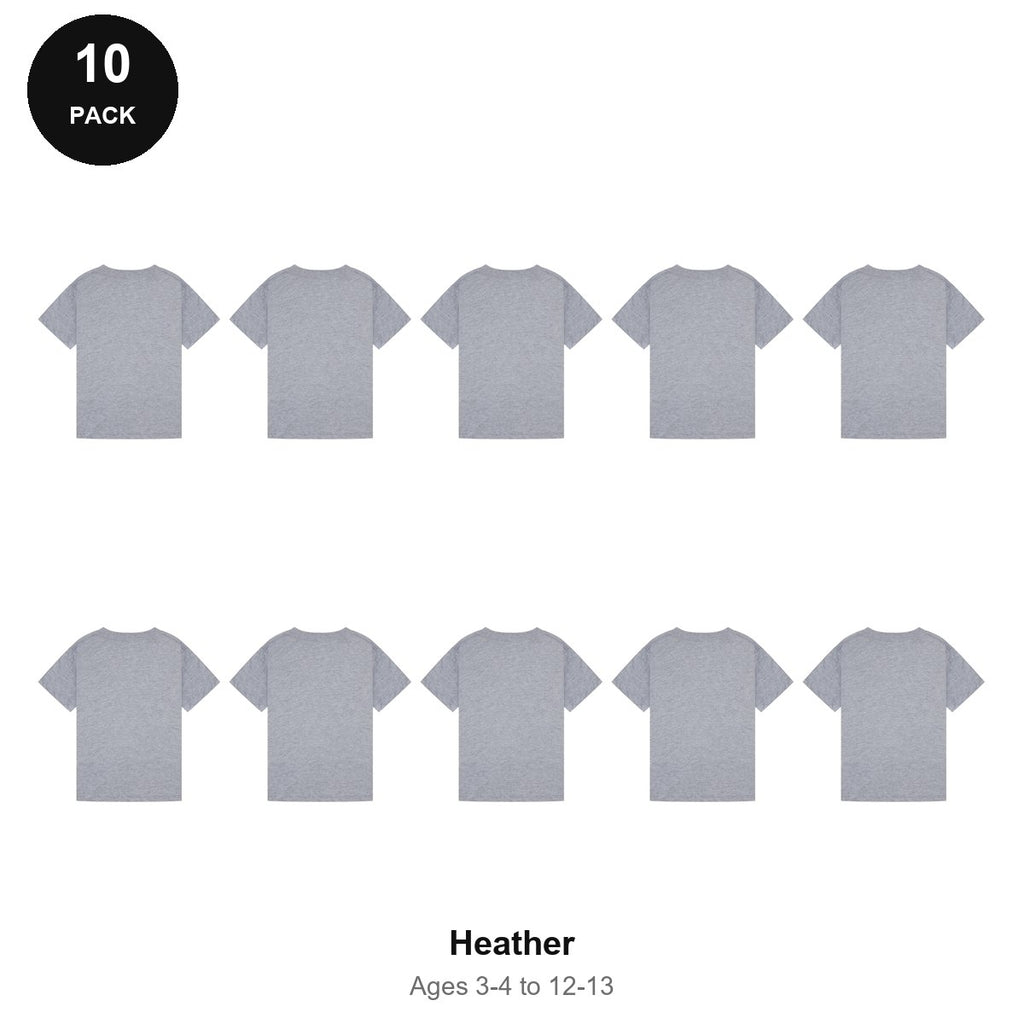 Kids Plain T-Shirts 10 Pack - 100% ringspun cotton 150gsm, Ages 3-13, School & PE - Heather