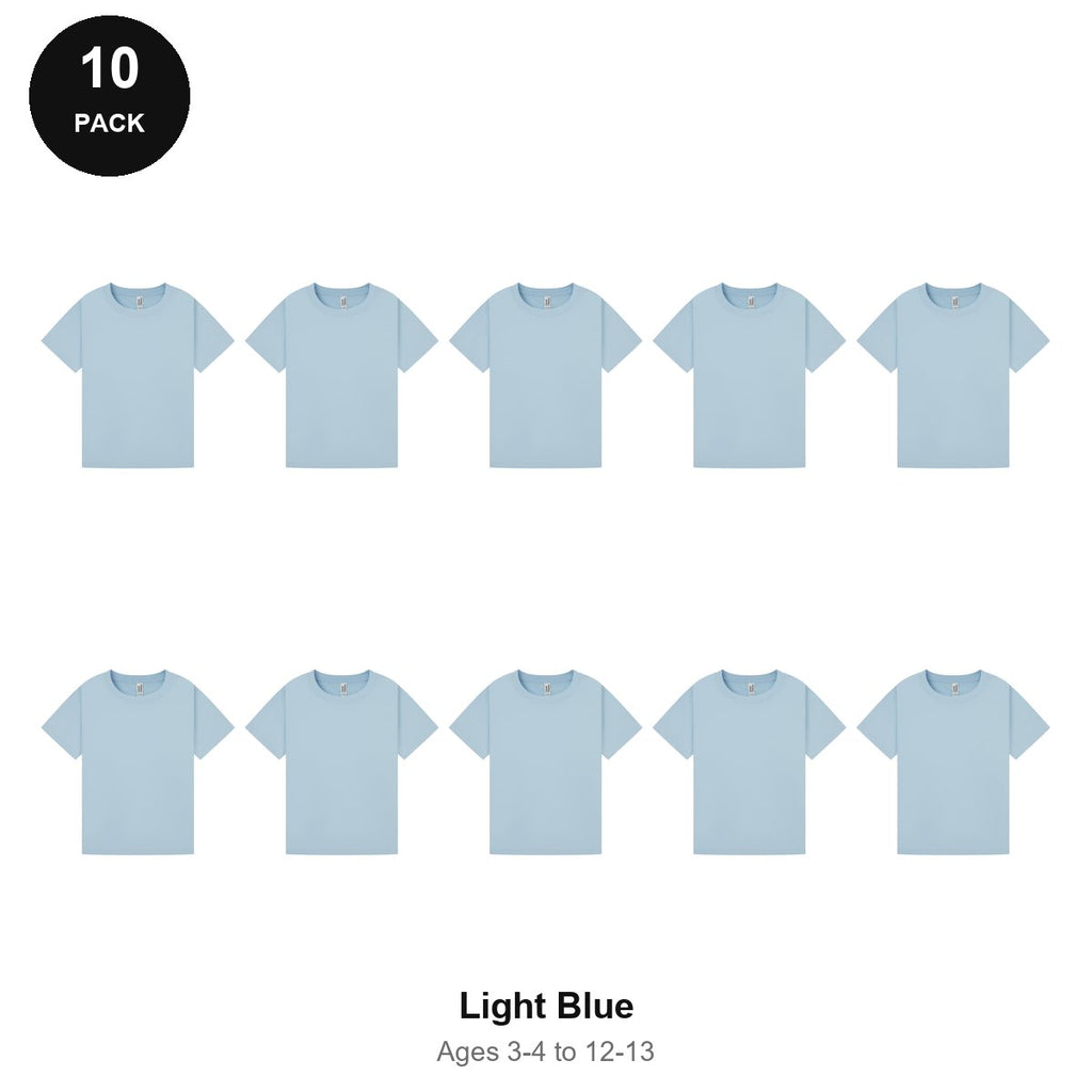 Kids Plain T-Shirts 10 Pack - 100% ringspun cotton 150gsm, Ages 3-13, School & PE - Light Blue