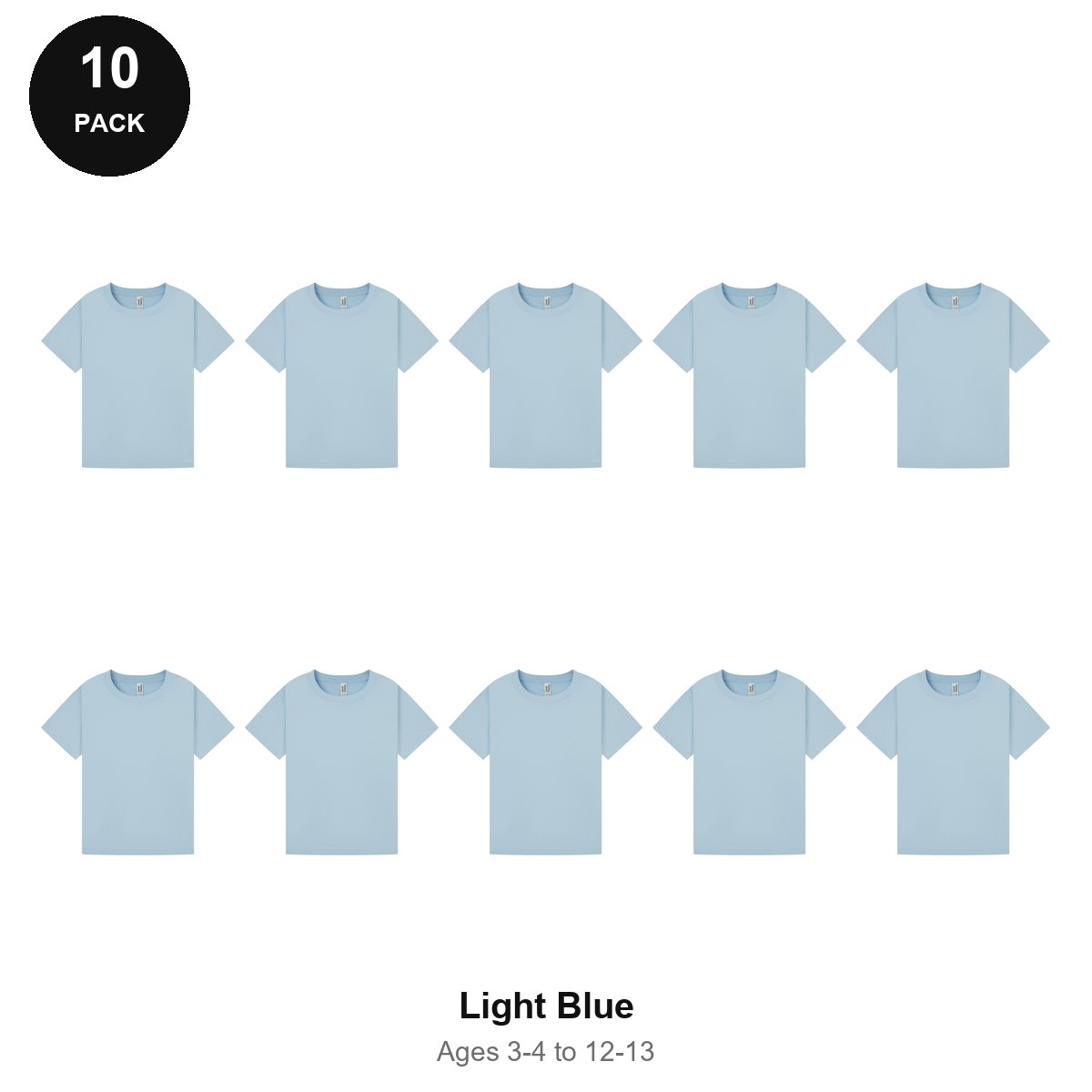 Kids Plain T-Shirts 10 Pack - 100% ringspun cotton 150gsm, Ages 3-13, School & PE - Light Blue