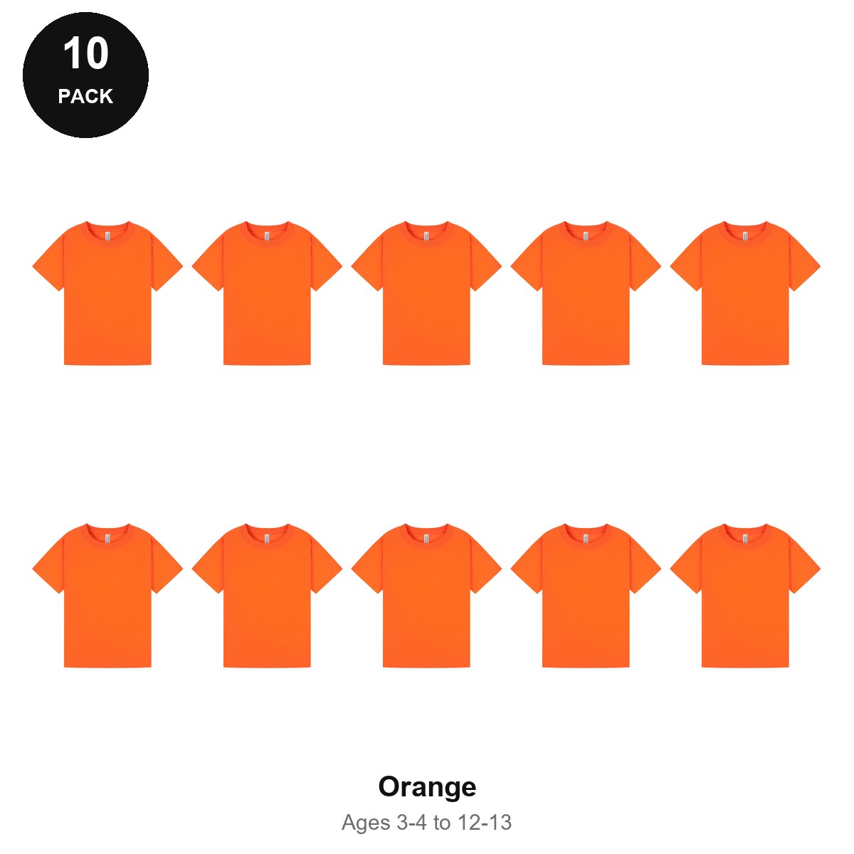 Kids Plain T-Shirts 10 Pack - 100% ringspun cotton 150gsm, Ages 3-13, School & PE - Orange