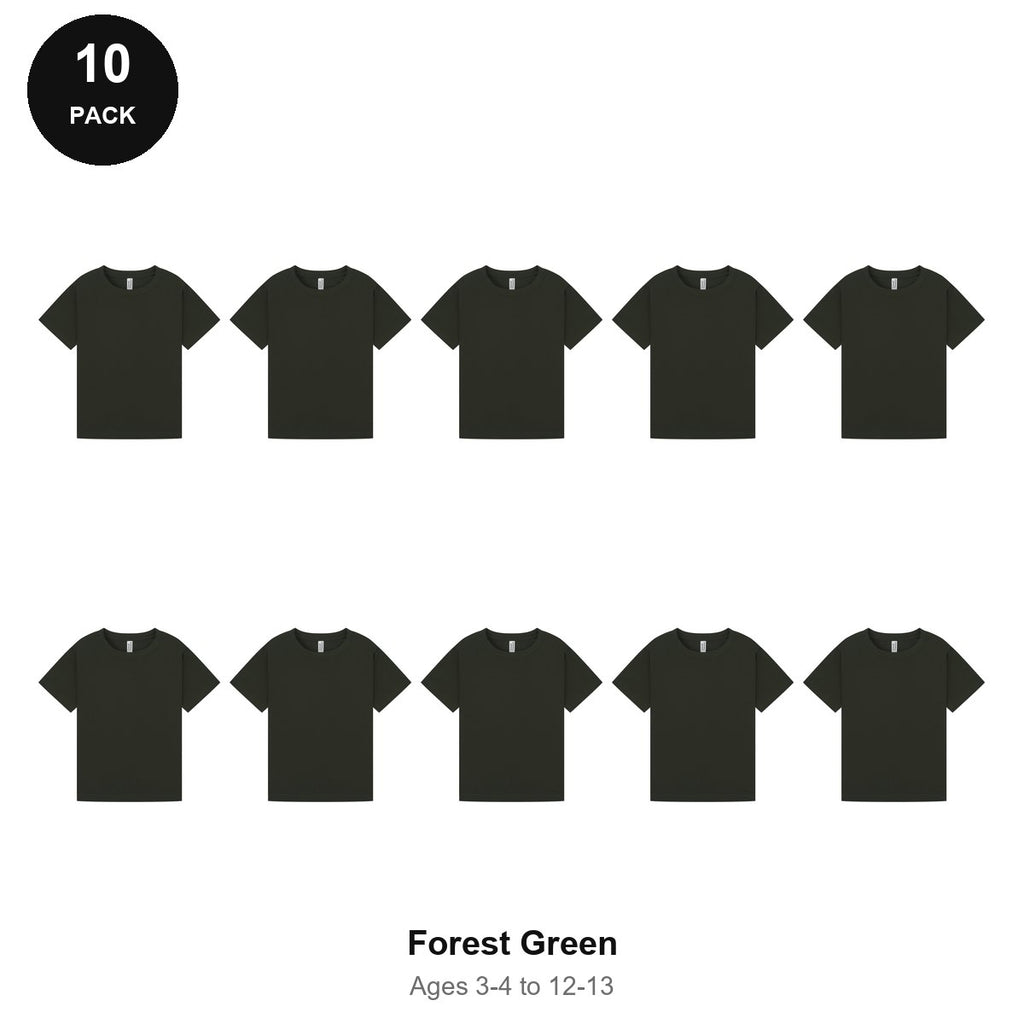 Kids Plain T-Shirts 10 Pack - 100% ringspun cotton 150gsm, Ages 3-13, School & PE - Forest Green