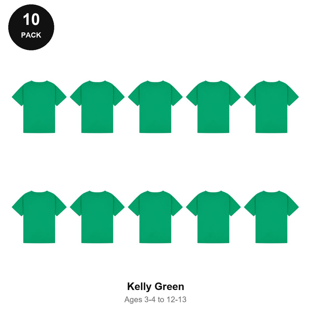 Kids Plain T-Shirts 10 Pack - 100% ringspun cotton 150gsm, Ages 3-13, School & PE - Kelly Green