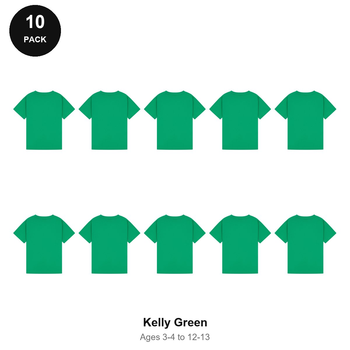 Kids Plain T-Shirts 10 Pack - 100% ringspun cotton 150gsm, Ages 3-13, School & PE - Kelly Green
