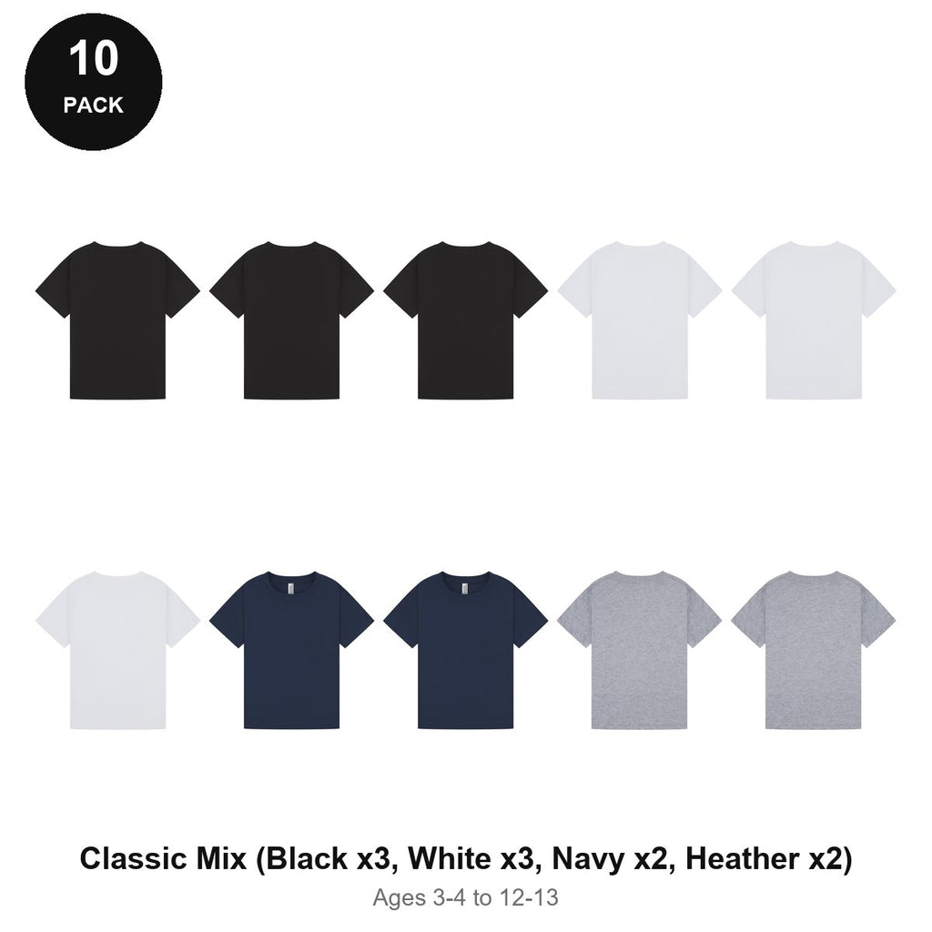 Kids Plain T-Shirts 10 Pack - 100% ringspun cotton 150gsm, Ages 3-13, School & PE - Classic Mix (Black x3, White x3, Navy x2, Heather x2)