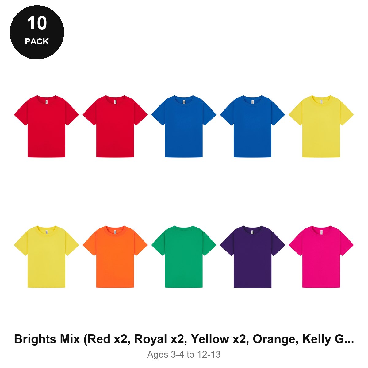 Kids Plain T-Shirts 10 Pack - 100% ringspun cotton 150gsm, Ages 3-13, School & PE - Brights Mix (Red x2, Royal x2, Yellow x2, Orange, Kelly Green, Purple, Heliconia)
