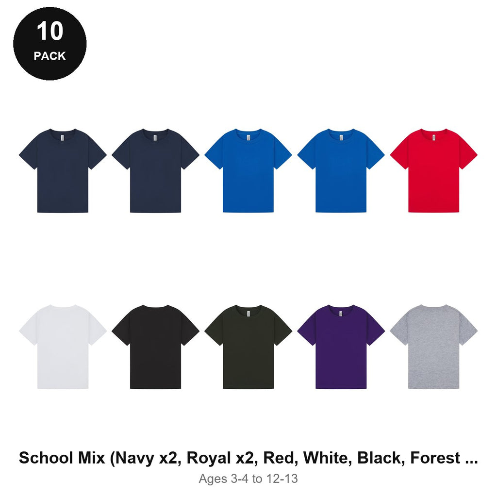 Kids Plain T-Shirts 10 Pack - 100% ringspun cotton 150gsm, Ages 3-13, School & PE - School Mix (Navy x2, Royal x2, Red, White, Black, Forest Green, Purple, Heather)