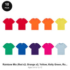 Kids Plain T-Shirts 10 Pack - 100% ringspun cotton 150gsm, Ages 3-13, School & PE - Rainbow Mix (Red x2, Orange x2, Yellow, Kelly Green, Royal, Purple, Heliconia, Light Blue)