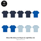 Kids Plain T-Shirts 10 Pack - 100% ringspun cotton 150gsm, Ages 3-13, School & PE - Blues Mix (Navy x4, Royal x3, Light Blue x3)