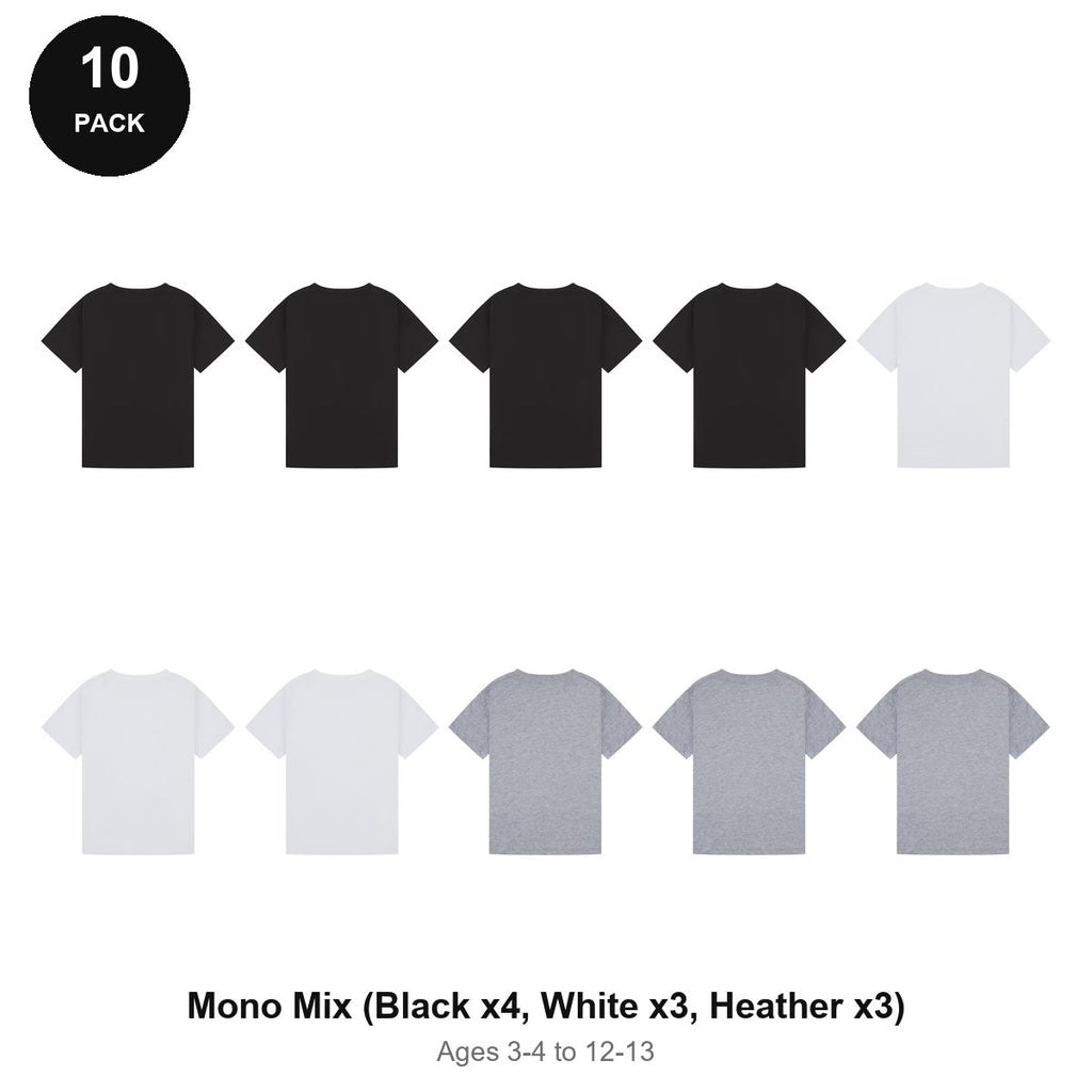 Kids Plain T-Shirts 10 Pack - 100% ringspun cotton 150gsm, Ages 3-13, School & PE - Mono Mix (Black x4, White x3, Heather x3)