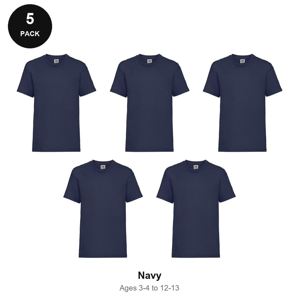 Kids Fruit of the Loom Valueweight T-Shirts 5 Pack - 100% cotton 165gsm, Ages 3-13, School & PE - Navy