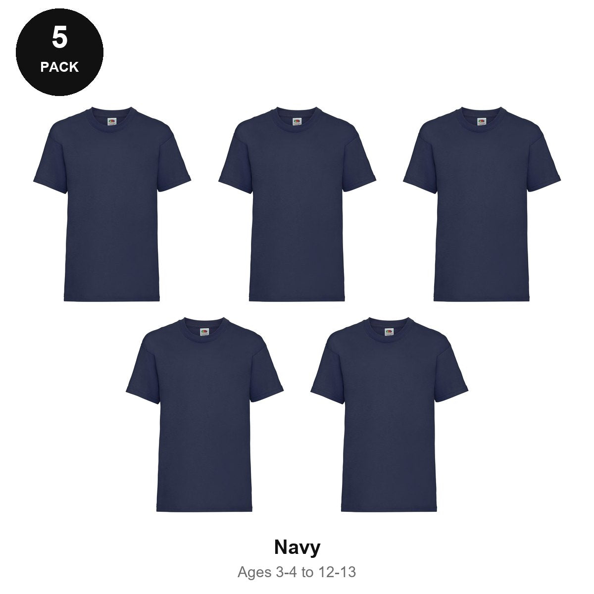 Kids Fruit of the Loom Valueweight T-Shirts 5 Pack - 100% cotton 165gsm, Ages 3-13, School & PE - Navy