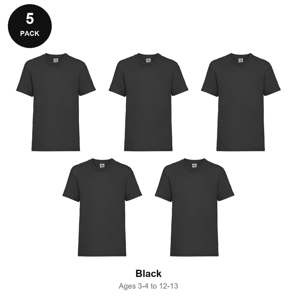 Kids Fruit of the Loom Valueweight T-Shirts 5 Pack - 100% cotton 165gsm, Ages 3-13, School & PE - Black