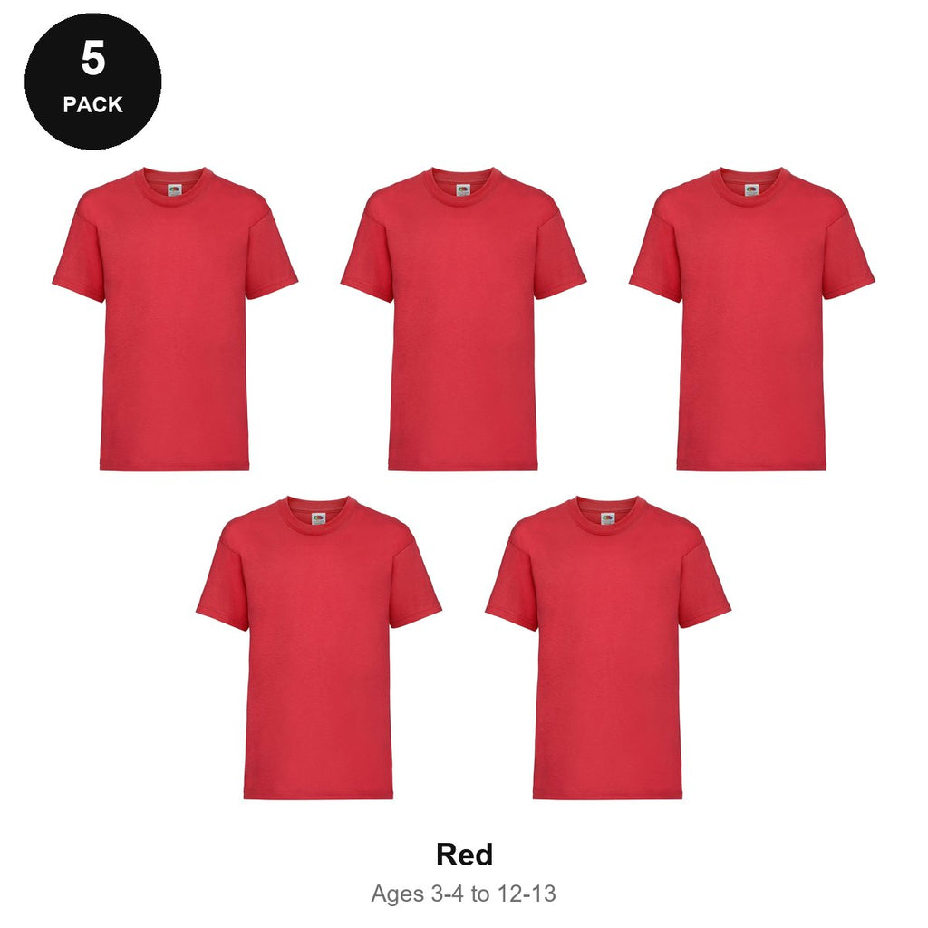 Kids Fruit of the Loom Valueweight T-Shirts 5 Pack - 100% cotton 165gsm, Ages 3-13, School & PE - Red