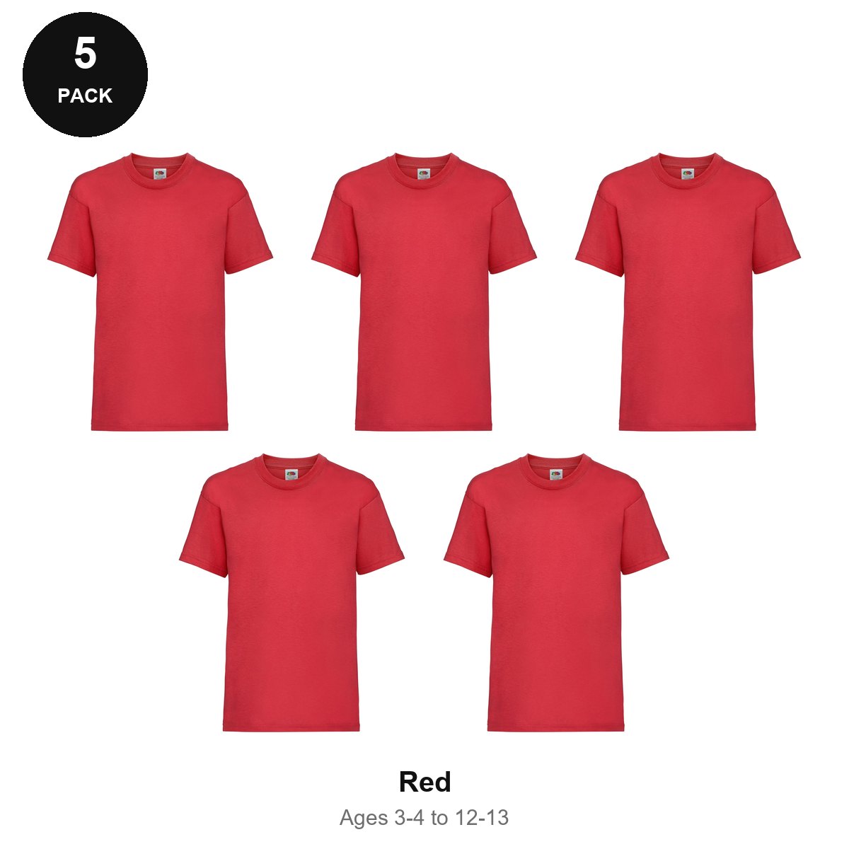 Kids Fruit of the Loom Valueweight T-Shirts 5 Pack - 100% cotton 165gsm, Ages 3-13, School & PE - Red