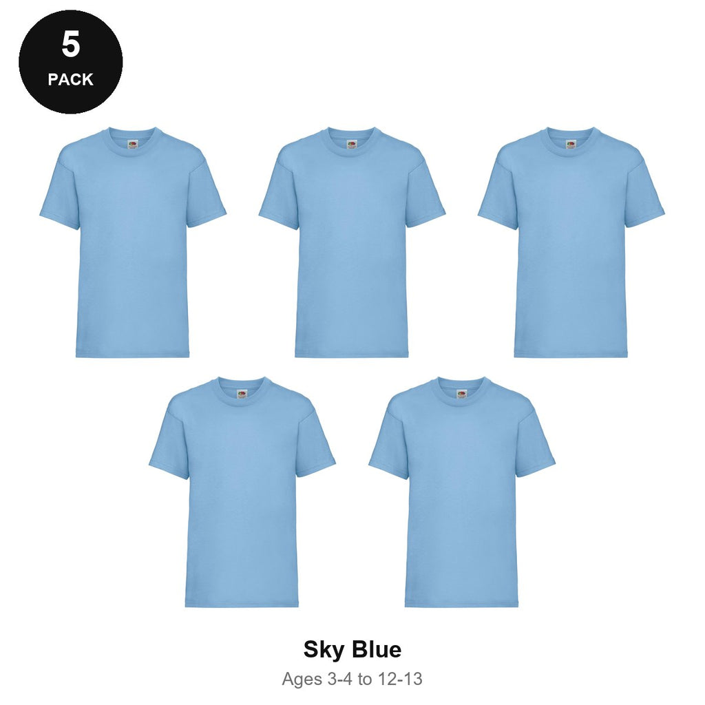 Kids Fruit of the Loom Valueweight T-Shirts 5 Pack - 100% cotton 165gsm, Ages 3-13, School & PE - Sky Blue