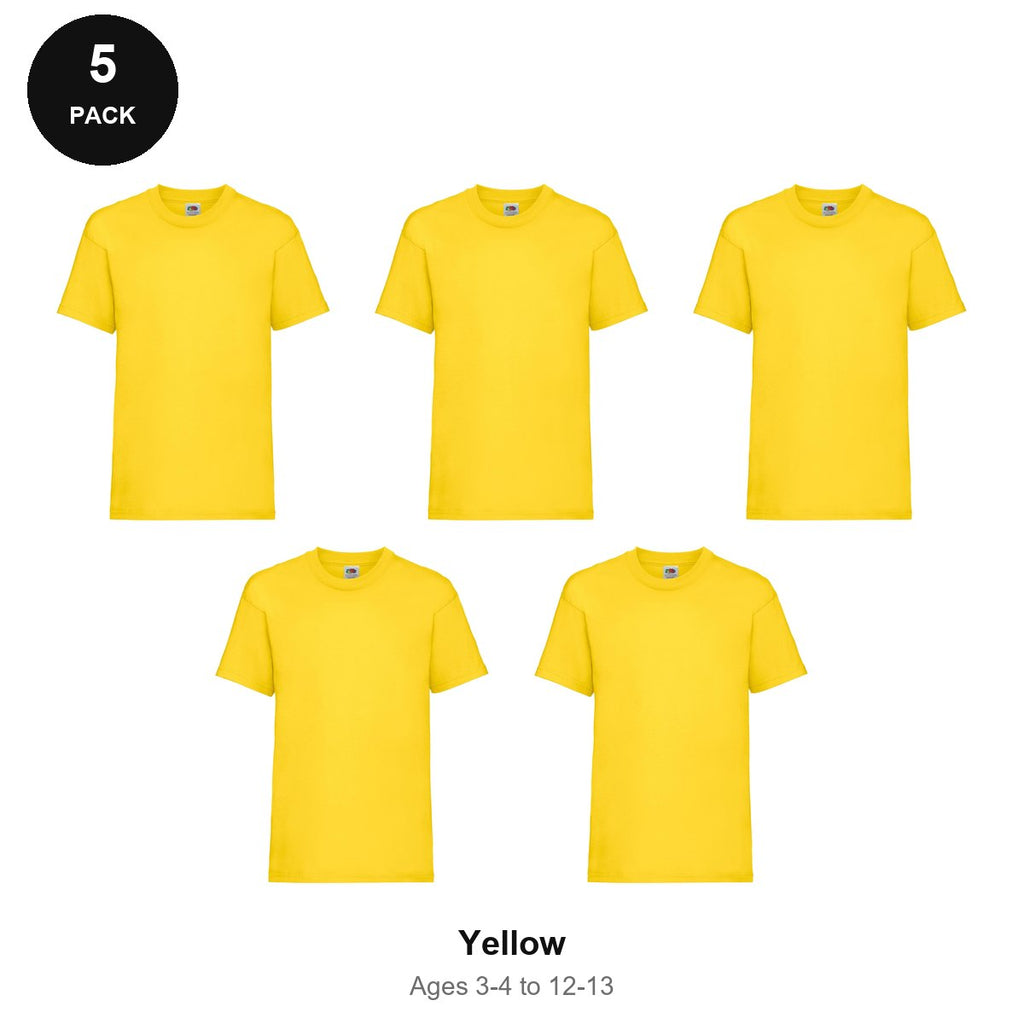 Kids Fruit of the Loom Valueweight T-Shirts 5 Pack - 100% cotton 165gsm, Ages 3-13, School & PE - Yellow