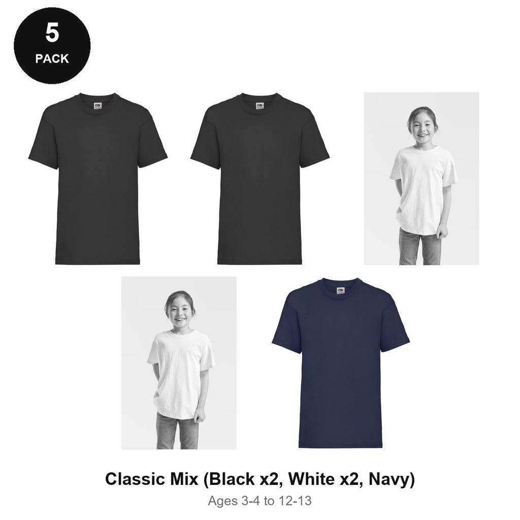 Kids Fruit of the Loom Valueweight T-Shirts 5 Pack - 100% cotton 165gsm, Ages 3-13, School & PE - Classic Mix (Black x2, White x2, Navy)