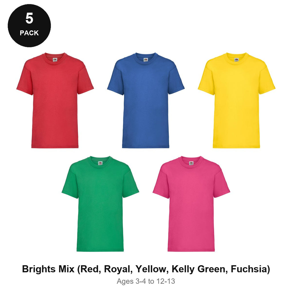 Kids Fruit of the Loom Valueweight T-Shirts 5 Pack - 100% cotton 165gsm, Ages 3-13, School & PE - Brights Mix (Red, Royal, Yellow, Kelly Green, Fuchsia)