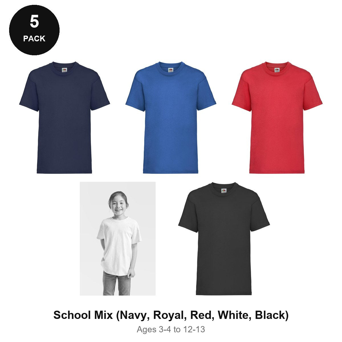 Kids Fruit of the Loom Valueweight T-Shirts 5 Pack - 100% cotton 165gsm, Ages 3-13, School & PE - School Mix (Navy, Royal, Red, White, Black)