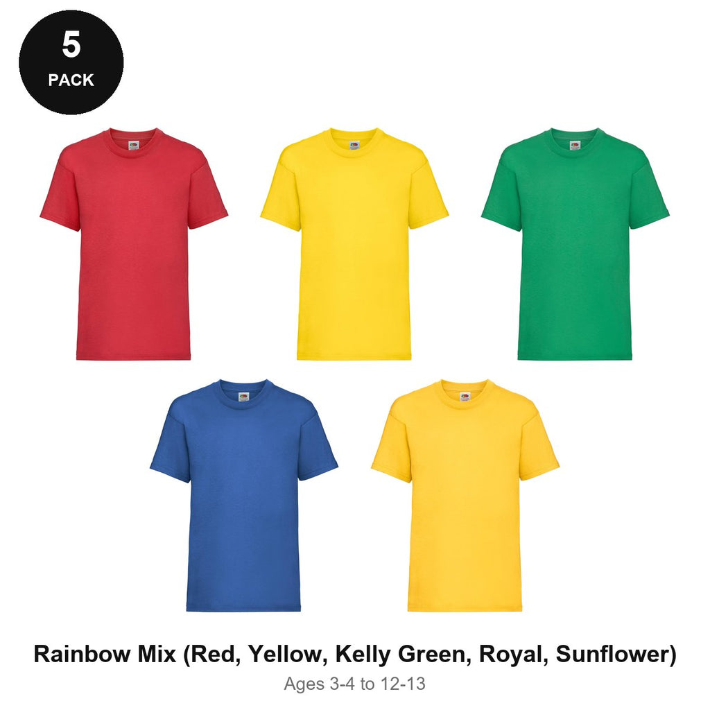 Kids Fruit of the Loom Valueweight T-Shirts 5 Pack - 100% cotton 165gsm, Ages 3-13, School & PE - Rainbow Mix (Red, Yellow, Kelly Green, Royal, Sunflower)