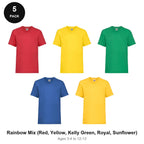 Kids Fruit of the Loom Valueweight T-Shirts 5 Pack - 100% cotton 165gsm, Ages 3-13, School & PE - Rainbow Mix (Red, Yellow, Kelly Green, Royal, Sunflower)