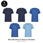 Kids Fruit of the Loom Valueweight T-Shirts 5 Pack - 100% cotton 165gsm, Ages 3-13, School & PE - Blues Mix (Navy x2, Royal x2, Sky Blue)