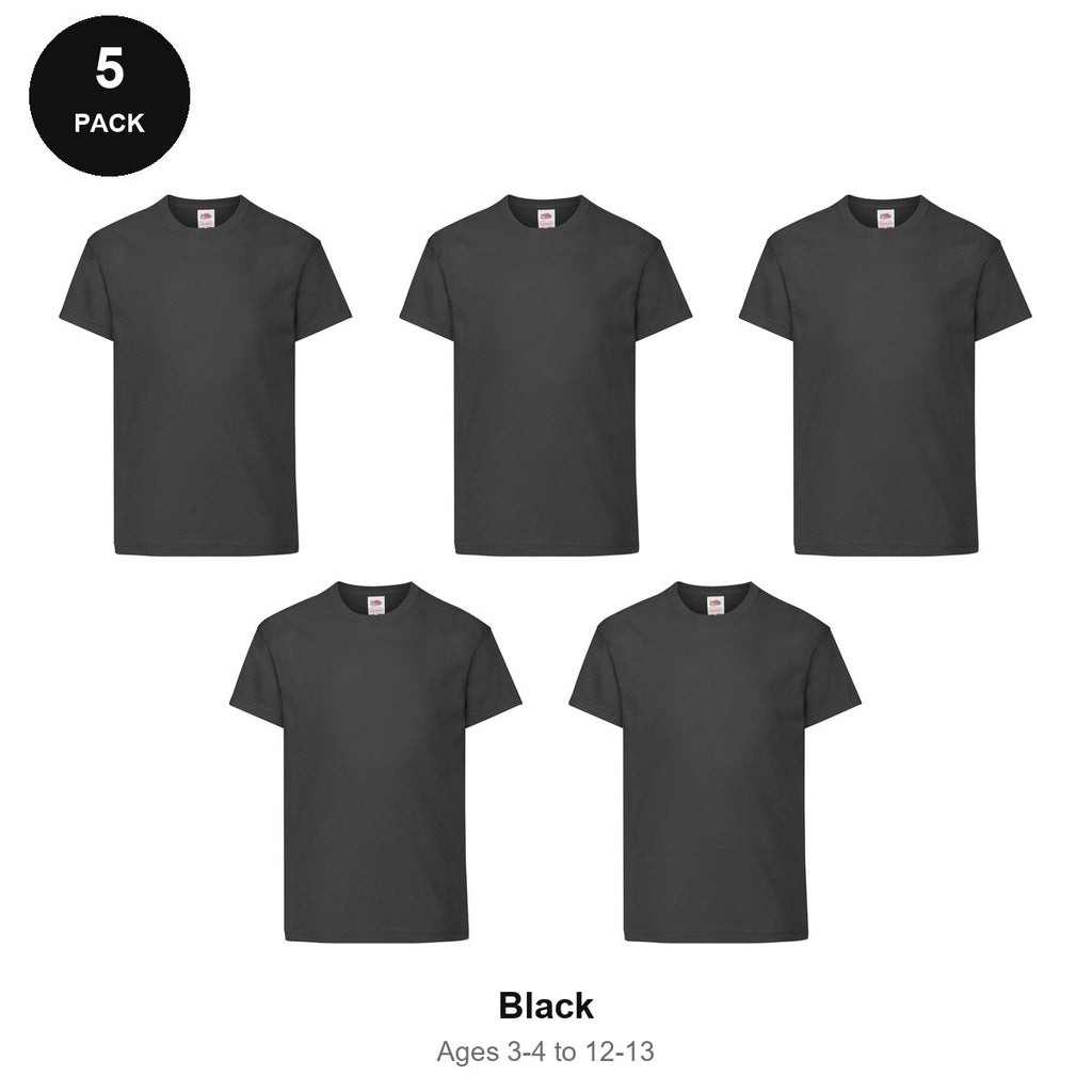 Kids Fruit of the Loom Original T-Shirts 5 Pack - 100% cotton 145gsm, Ages 3-13, School & PE - Black