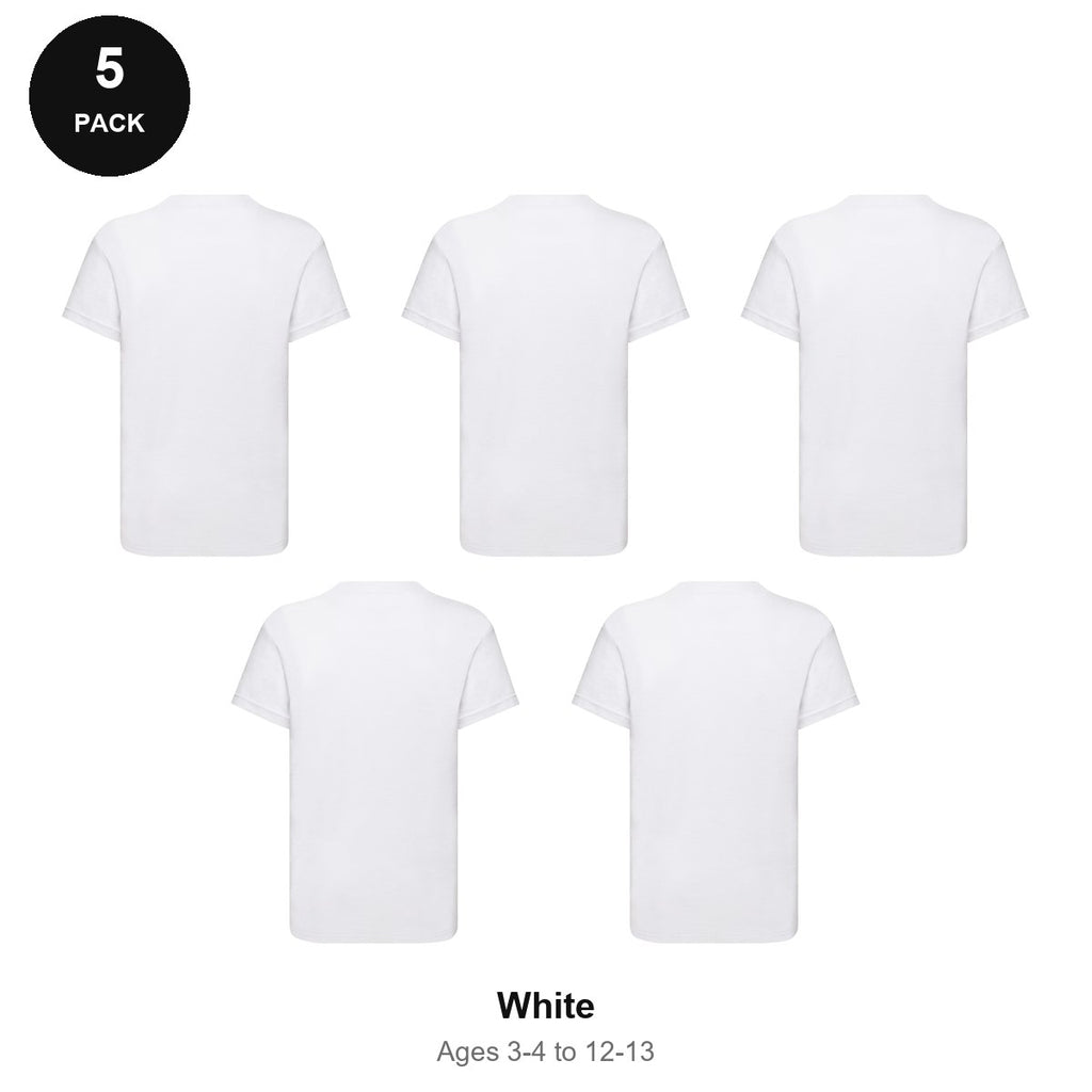 Kids Fruit of the Loom Original T-Shirts 5 Pack - 100% cotton 145gsm, Ages 3-13, School & PE - White
