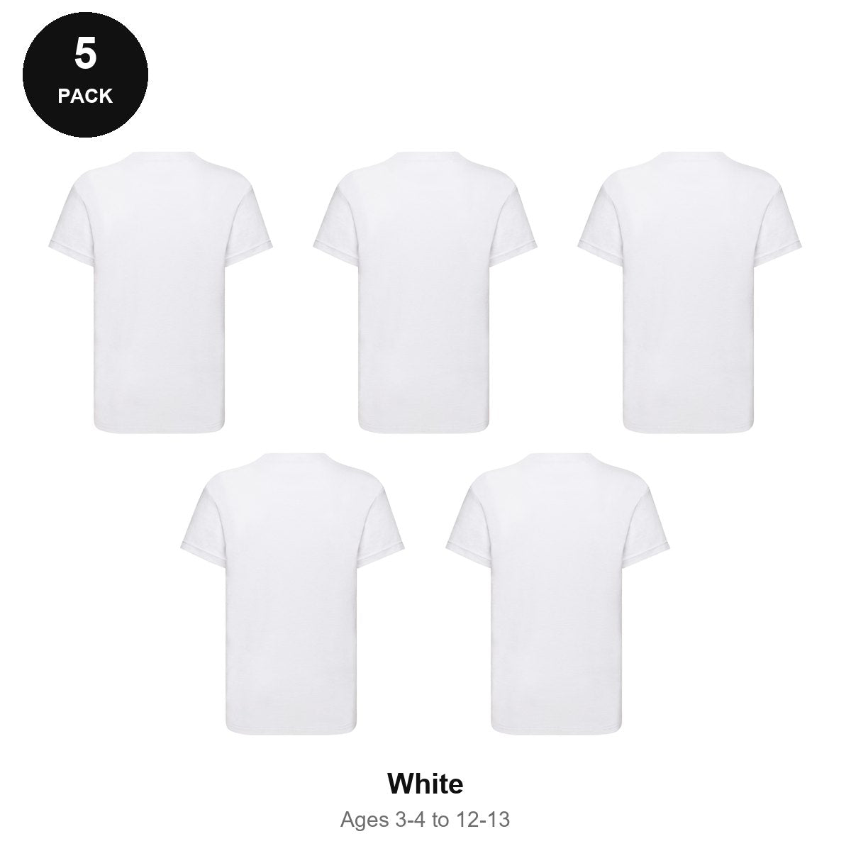 Kids Fruit of the Loom Original T-Shirts 5 Pack - 100% cotton 145gsm, Ages 3-13, School & PE - White