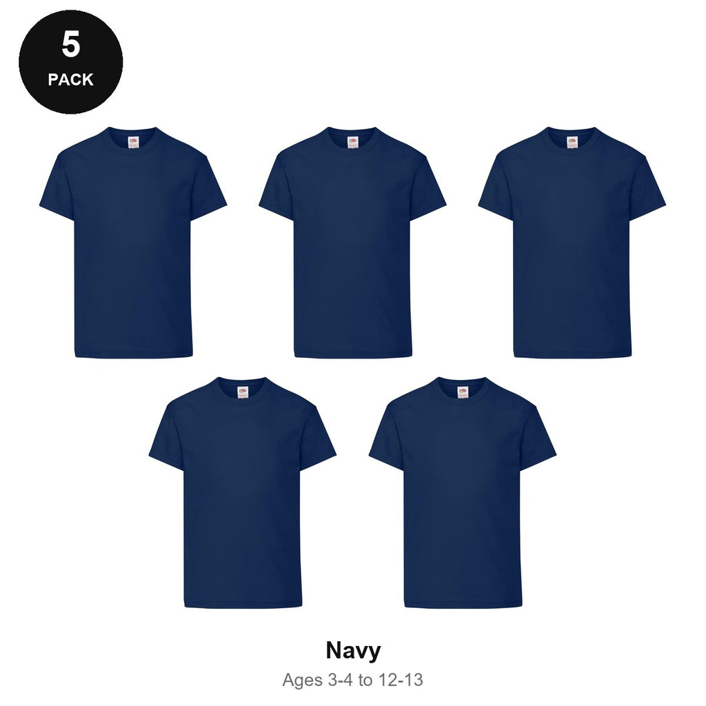 Kids Fruit of the Loom Original T-Shirts 5 Pack - 100% cotton 145gsm, Ages 3-13, School & PE - Navy