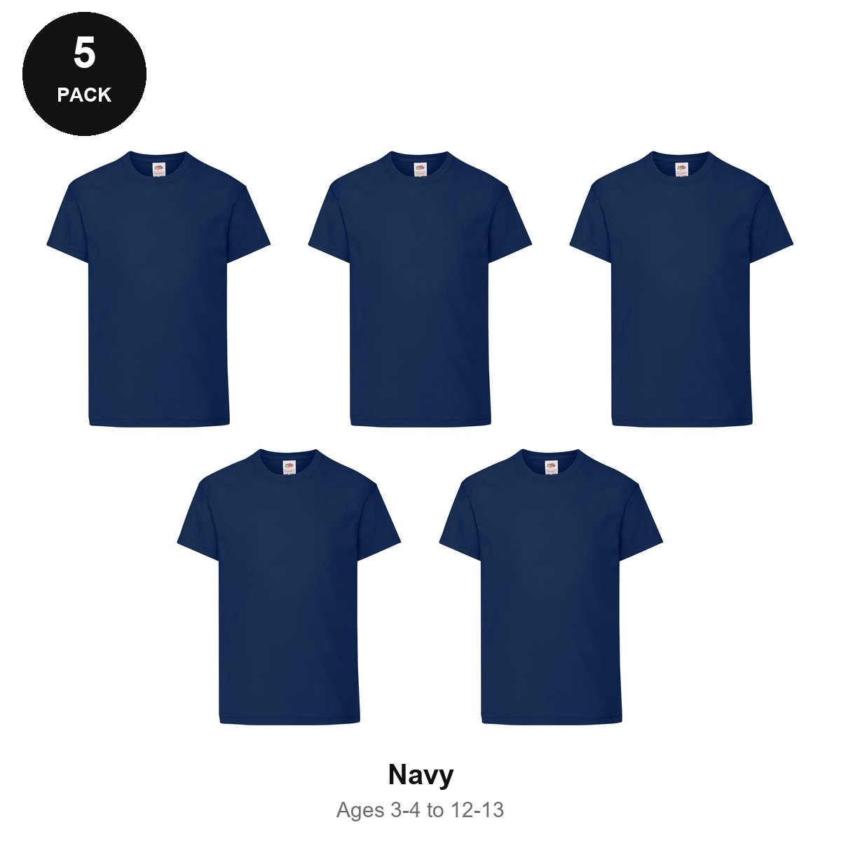 Kids Fruit of the Loom Original T-Shirts 5 Pack - 100% cotton 145gsm, Ages 3-13, School & PE - Navy