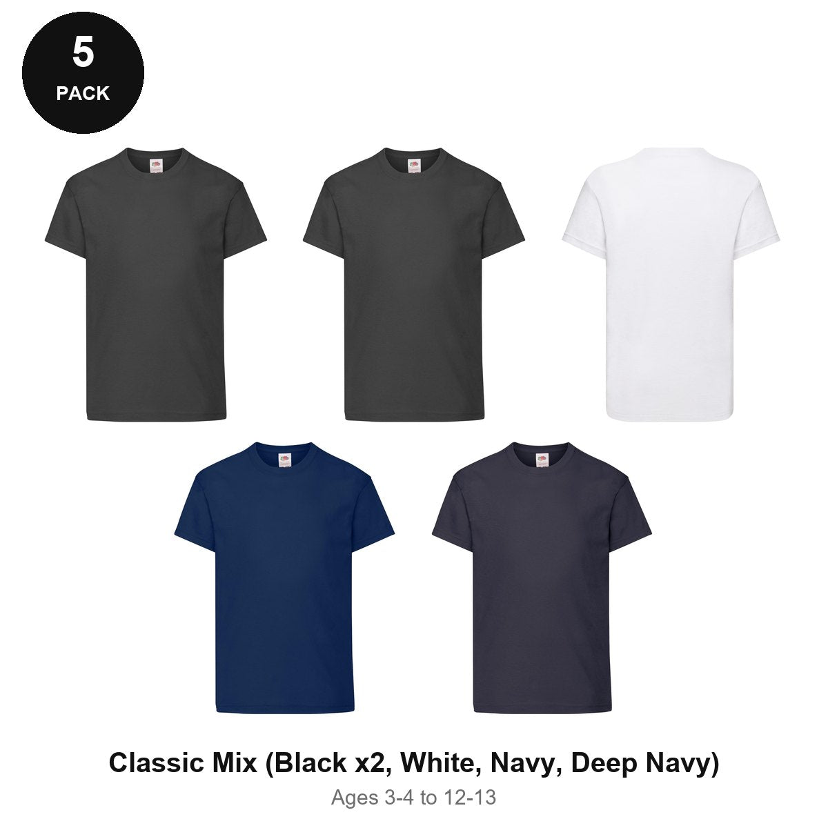 Kids Fruit of the Loom Original T-Shirts 5 Pack - 100% cotton 145gsm, Ages 3-13, School & PE - Classic Mix (Black x2, White, Navy, Deep Navy)