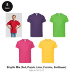 Kids Fruit of the Loom Original T-Shirts 5 Pack - 100% cotton 145gsm, Ages 3-13, School & PE - Brights Mix (Red, Purple, Lime, Fuchsia, Sunflower)