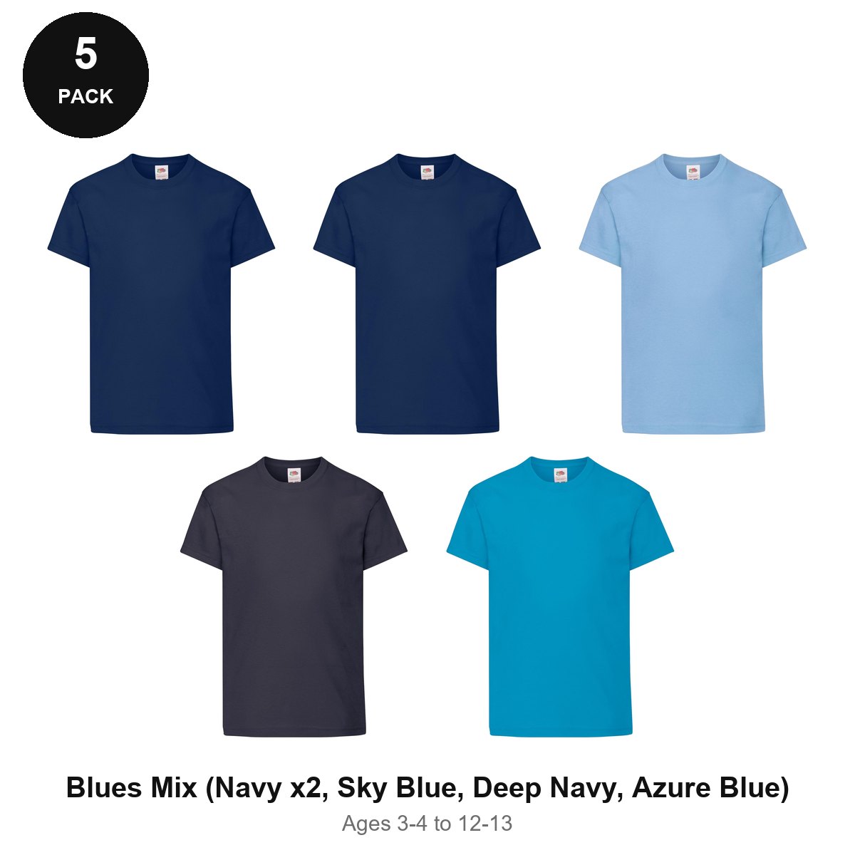 Kids Fruit of the Loom Original T-Shirts 5 Pack - 100% cotton 145gsm, Ages 3-13, School & PE - Blues Mix (Navy x2, Sky Blue, Deep Navy, Azure Blue)