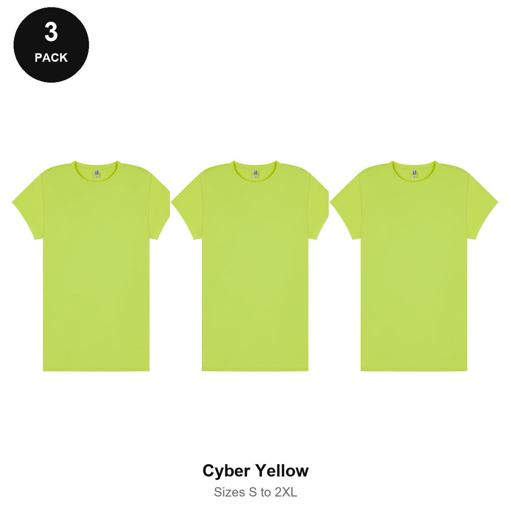 Ladies Gym Tech T-Shirts 3 Pack - 100% polyester 140gsm, Sizes S-2XL, Gym & Sports - Cyber Yellow