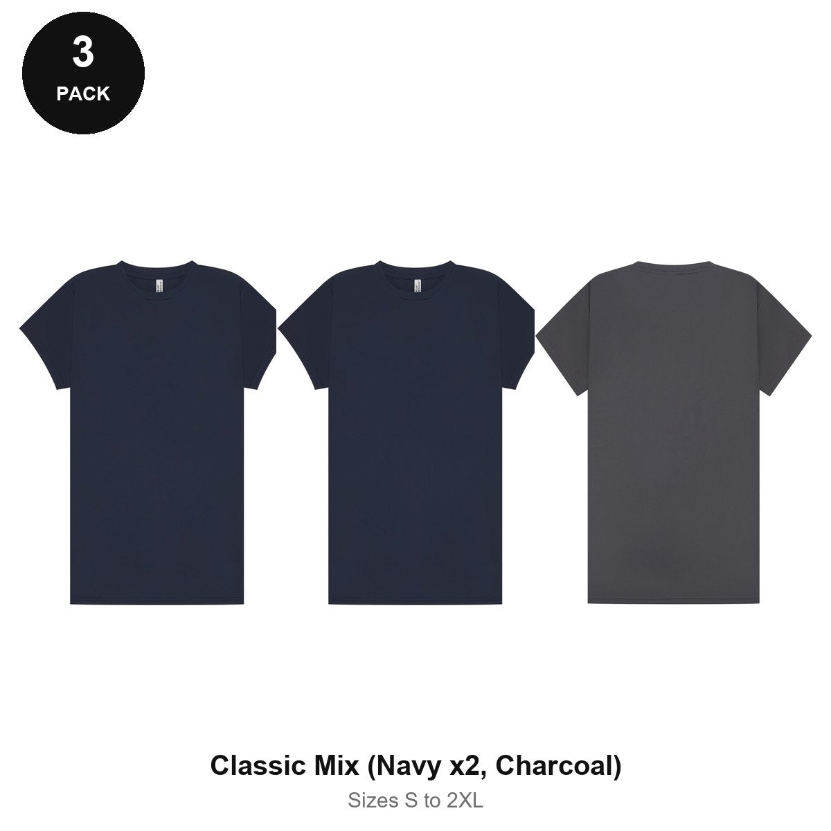 Ladies Gym Tech T-Shirts 3 Pack - 100% polyester 140gsm, Sizes S-2XL, Gym & Sports - Classic Mix (Navy x2, Charcoal)