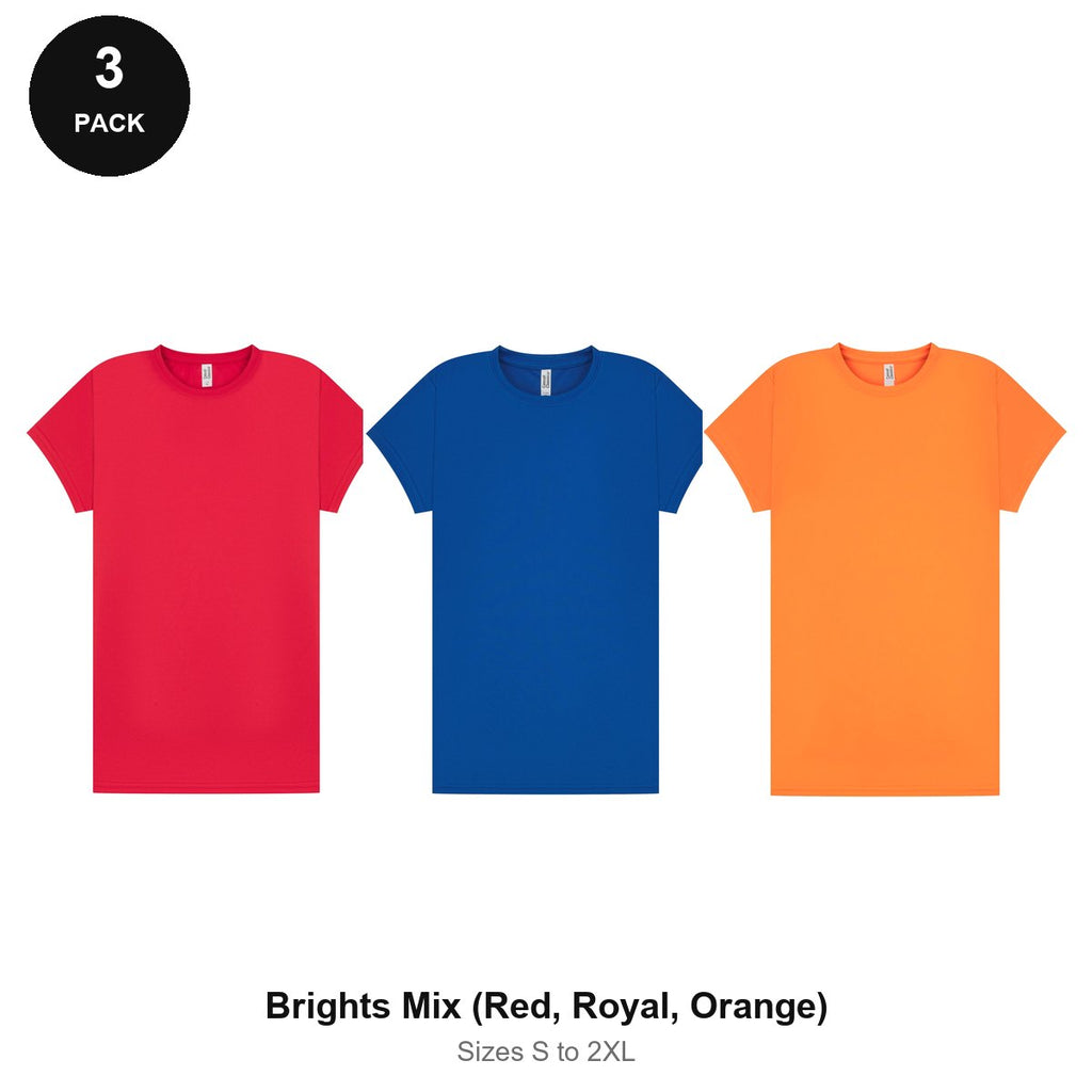 Ladies Gym Tech T-Shirts 3 Pack - 100% polyester 140gsm, Sizes S-2XL, Gym & Sports - Brights Mix (Red, Royal, Orange)