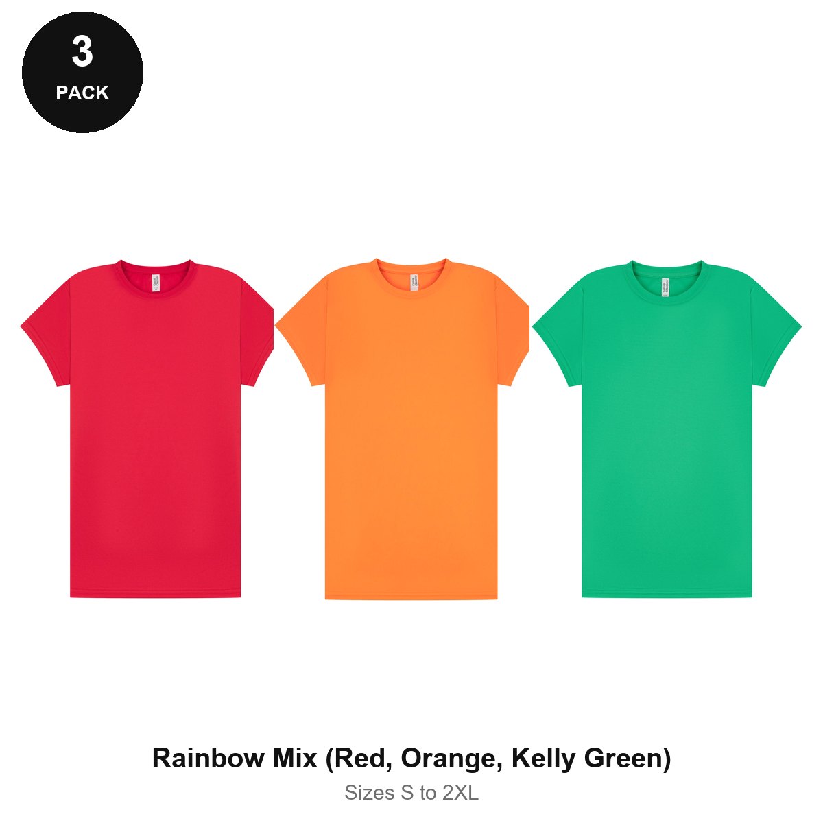 Ladies Gym Tech T-Shirts 3 Pack - 100% polyester 140gsm, Sizes S-2XL, Gym & Sports - Rainbow Mix (Red, Orange, Kelly Green)